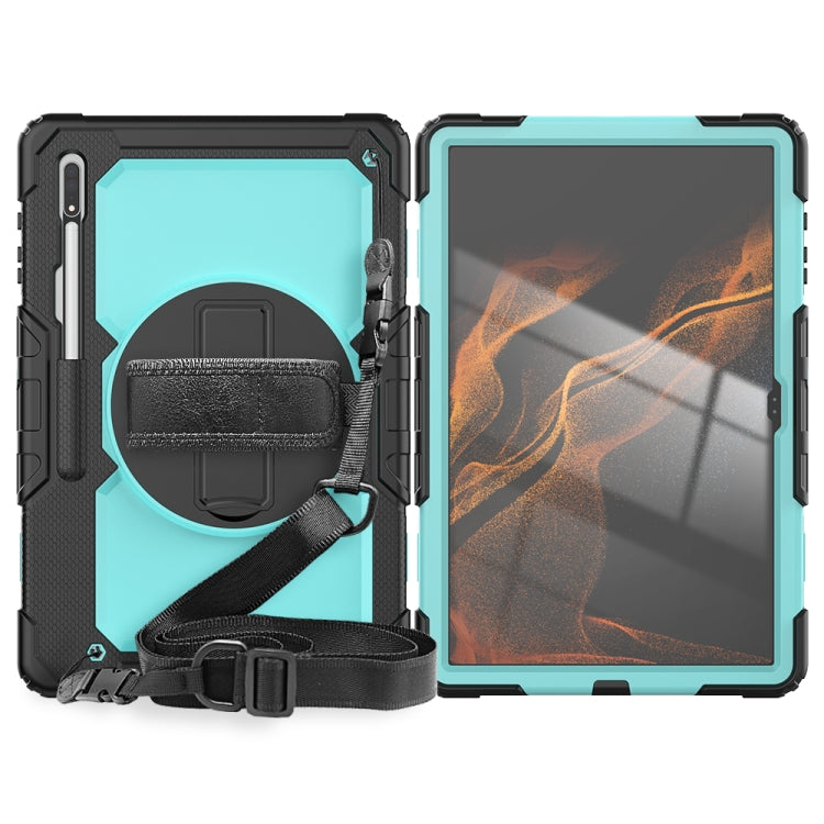 For Samsung Galaxy Tab S10 Ultra / S9 Ultra / S8 Ultra Silicone + PC Tablet Case with Shoulder Strap(Black+Light Blue) by buy2fix