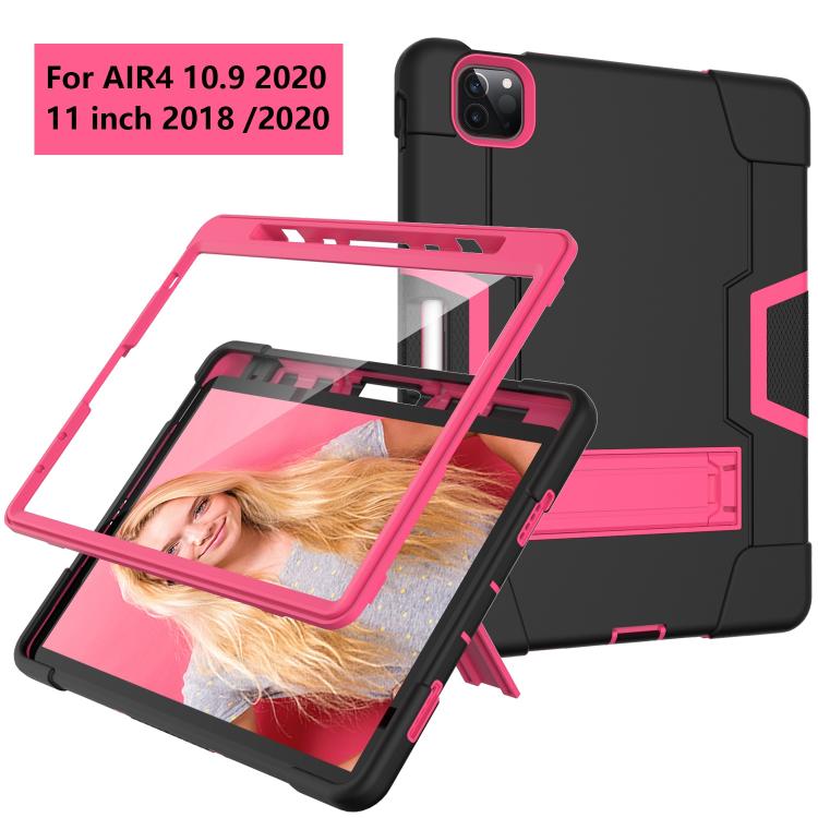For iPad Pro 11 Contrast Color Silicone + PC Combination Case with Holder(Black + Rose Red) - iPad Pro 11 (2018) Cases by buy2fix | Online Shopping UK | buy2fix