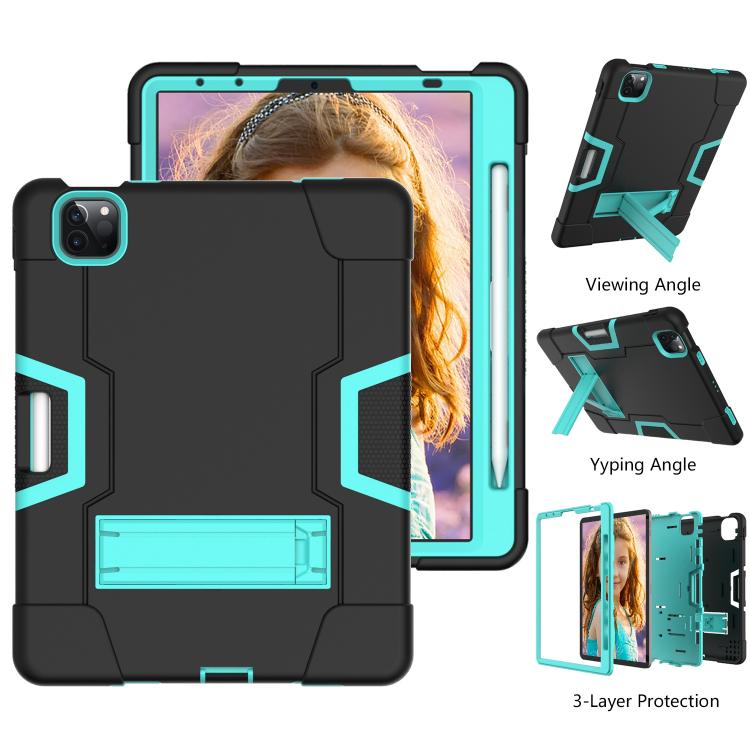 For iPad Pro 11 Contrast Color Silicone + PC Combination Case with Holder(Black + Aqua) - iPad Pro 11 (2018) Cases by buy2fix | Online Shopping UK | buy2fix
