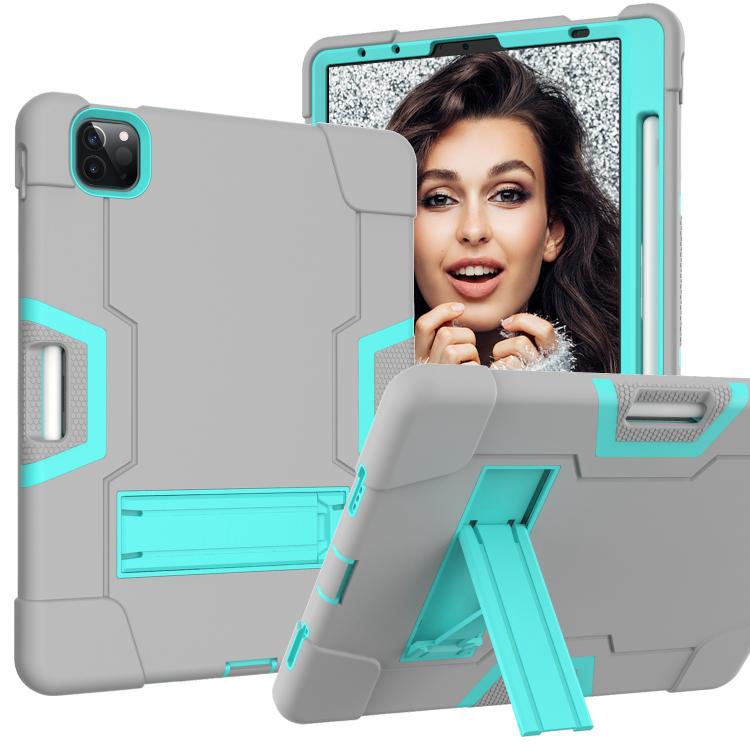 For iPad Pro 11 Contrast Color Silicone + PC Combination Case with Holder(Grey + Aqua) - iPad Pro 11 (2018) Cases by buy2fix | Online Shopping UK | buy2fix