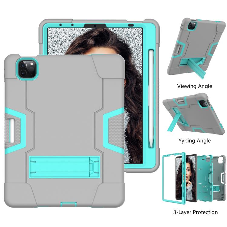 For iPad Pro 11 Contrast Color Silicone + PC Combination Case with Holder(Grey + Aqua) - iPad Pro 11 (2018) Cases by buy2fix | Online Shopping UK | buy2fix