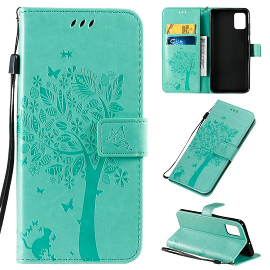 For Galaxy A51 Tree & Cat Pattern Pressed Printing Horizontal Flip PU Leather Case with Holder & Card Slots & Wallet & Lanyard(Green)