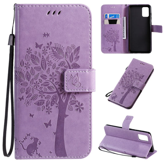 For Galaxy A71 Tree & Cat Pattern Pressed Printing Horizontal Flip PU Leather Case with Holder & Card Slots & Wallet & Lanyard(Light Purple)