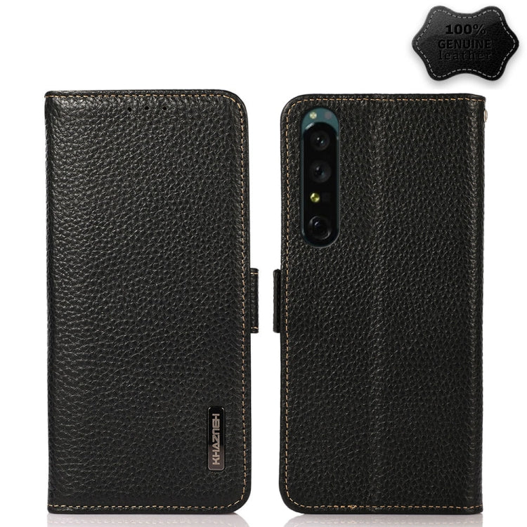 For Sony Xperia 1 IV KHAZNEH Side-Magnetic Litchi Genuine Leather RFID Phone Case(Black) - Sony Cases by buy2fix | Online Shopping UK | buy2fix