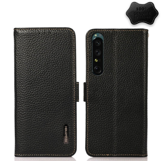 For Sony Xperia 1 IV KHAZNEH Side-Magnetic Litchi Genuine Leather RFID Phone Case(Black) - Sony Cases by buy2fix | Online Shopping UK | buy2fix