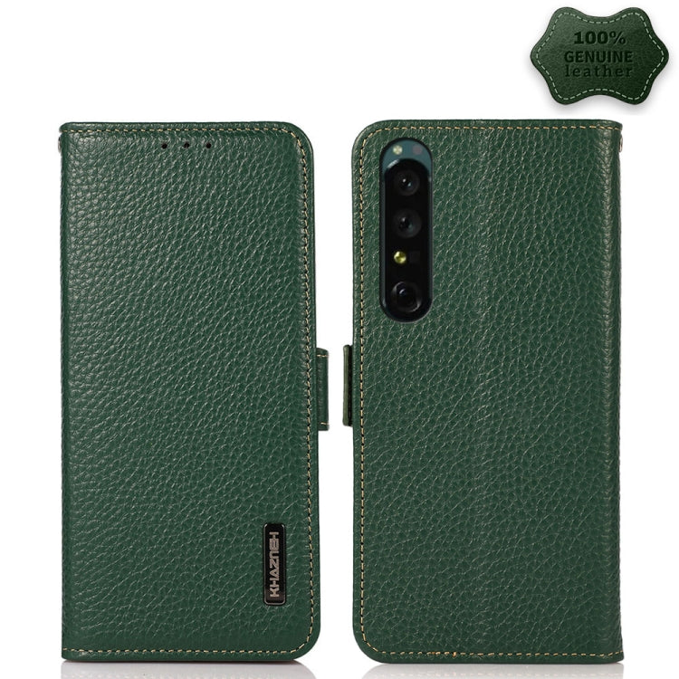 For Sony Xperia 1 IV KHAZNEH Side-Magnetic Litchi Genuine Leather RFID Phone Case(Green) - Sony Cases by buy2fix | Online Shopping UK | buy2fix