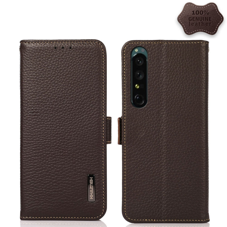 For Sony Xperia 1 IV KHAZNEH Side-Magnetic Litchi Genuine Leather RFID Phone Case(Brown) - Sony Cases by buy2fix | Online Shopping UK | buy2fix