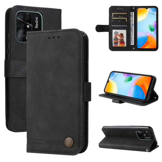 For Xiaomi Redmi 10C 4G / Redmi 10 India Version Skin Feel Life Tree Metal Button Leather Phone Case(Black)