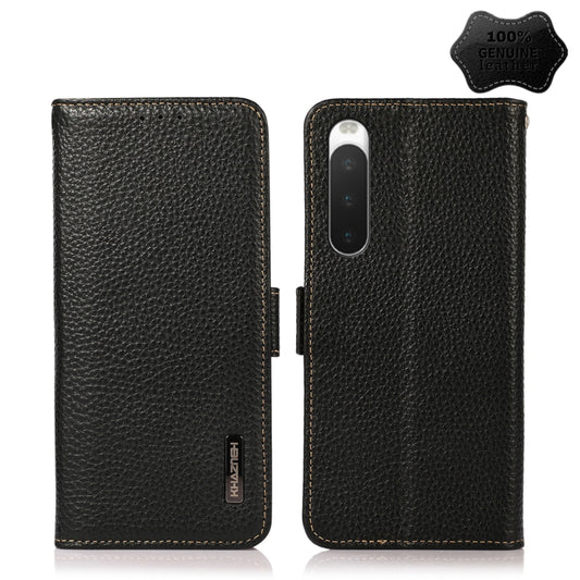 For Sony Xperia 10 IV KHAZNEH Side-Magnetic Litchi Genuine Leather RFID Phone Case(Black) - Sony Cases by buy2fix | Online Shopping UK | buy2fix