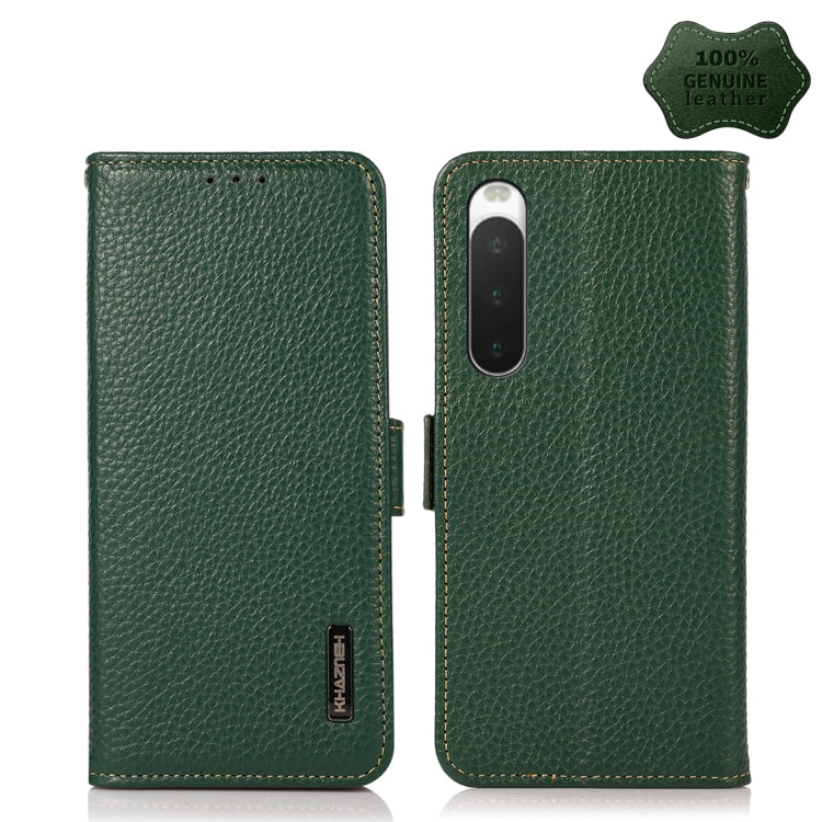 For Sony Xperia 10 IV KHAZNEH Side-Magnetic Litchi Genuine Leather RFID Phone Case(Green) - Sony Cases by buy2fix | Online Shopping UK | buy2fix