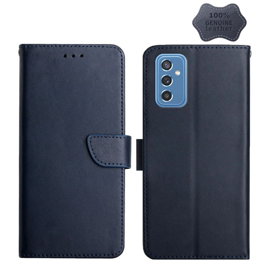 For Samsung Galaxy M52 5G Genuine Leather Fingerprint-proof Horizontal Flip Phone Case(Blue)