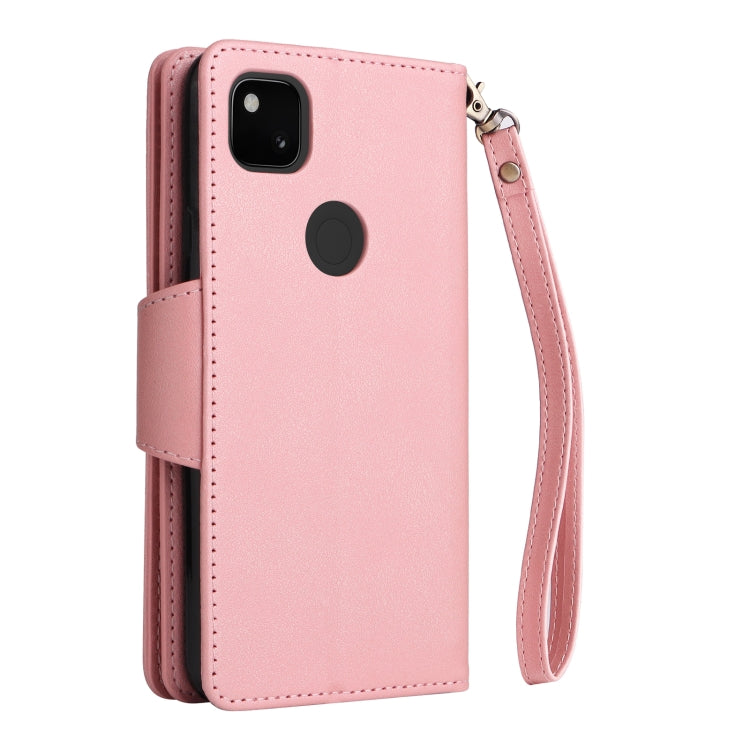 For Google Pixel 4A 4G Rivet Buckle 9 Cards Three Fold Leather Phone Case(Rose Gold) - Google Cases by buy2fix | Online Shopping UK | buy2fix