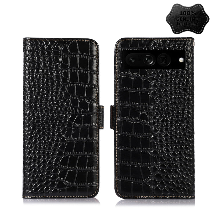 For Google Pixel 7 Pro 5G Crocodile Top Layer Cowhide Leather Phone Case(Black) - Google Cases by buy2fix | Online Shopping UK | buy2fix