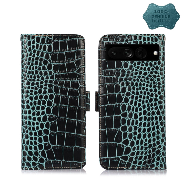 For Google Pixel 7 Pro 5G Crocodile Top Layer Cowhide Leather Phone Case(Green) - Google Cases by buy2fix | Online Shopping UK | buy2fix