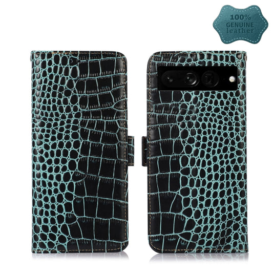 For Google Pixel 7 Pro 5G Crocodile Top Layer Cowhide Leather Phone Case(Green) - Google Cases by buy2fix | Online Shopping UK | buy2fix