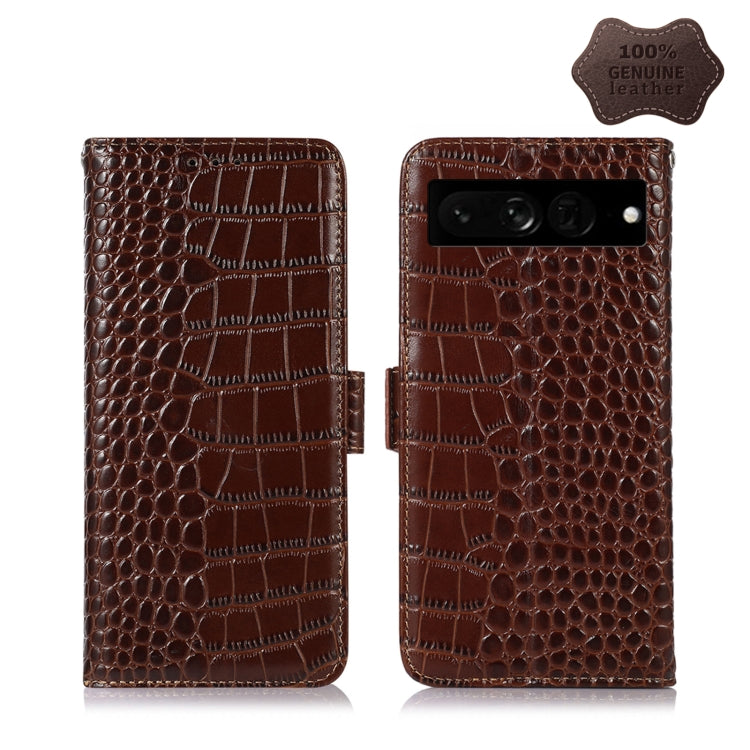 For Google Pixel 7 Pro 5G Crocodile Top Layer Cowhide Leather Phone Case(Brown) - Google Cases by buy2fix | Online Shopping UK | buy2fix