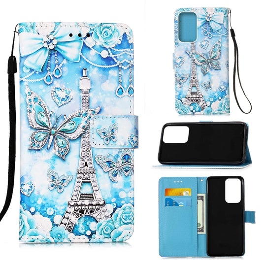 For Samsung Galaxy A73 5G Colored Drawing Pattern Plain Weave Leather Phone Case(Tower Butterfly)