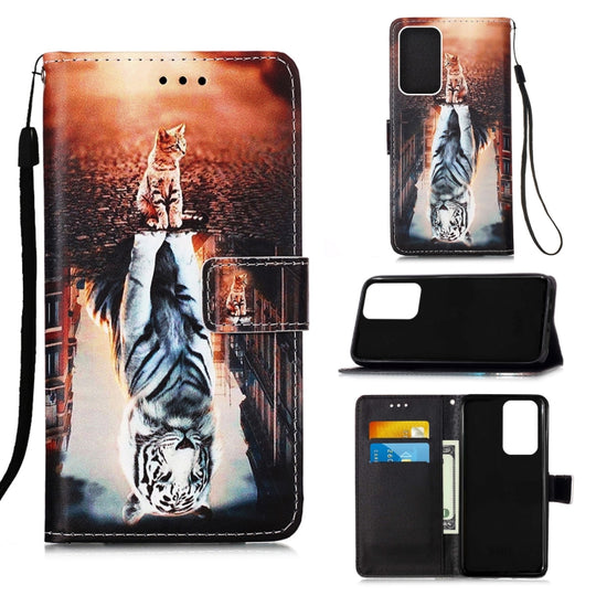 For Samsung Galaxy A73 5G Colored Drawing Pattern Plain Weave Leather Phone Case(Cat and Tiger)