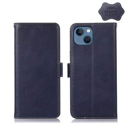 For iPhone 13 Crazy Horse Top Layer Cowhide Leather Phone Case(Blue) - iPhone 13 Cases by buy2fix | Online Shopping UK | buy2fix