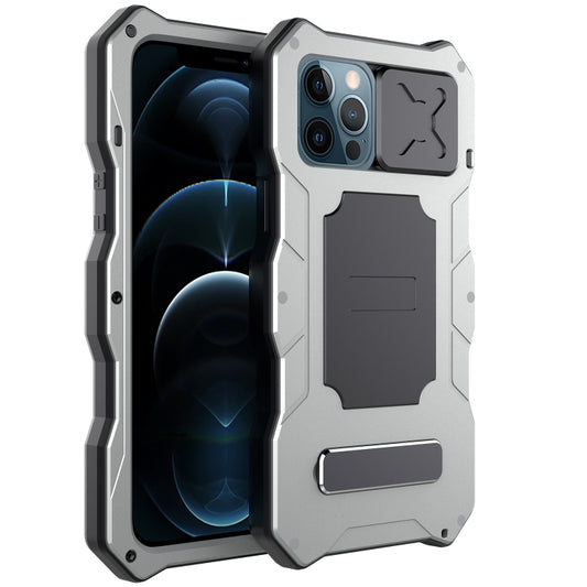 For iPhone 12 / 12 Pro Metal + Silicone Sliding Camshield Holder Phone Case(Silver) - iPhone 12 / 12 Pro Cases by buy2fix | Online Shopping UK | buy2fix