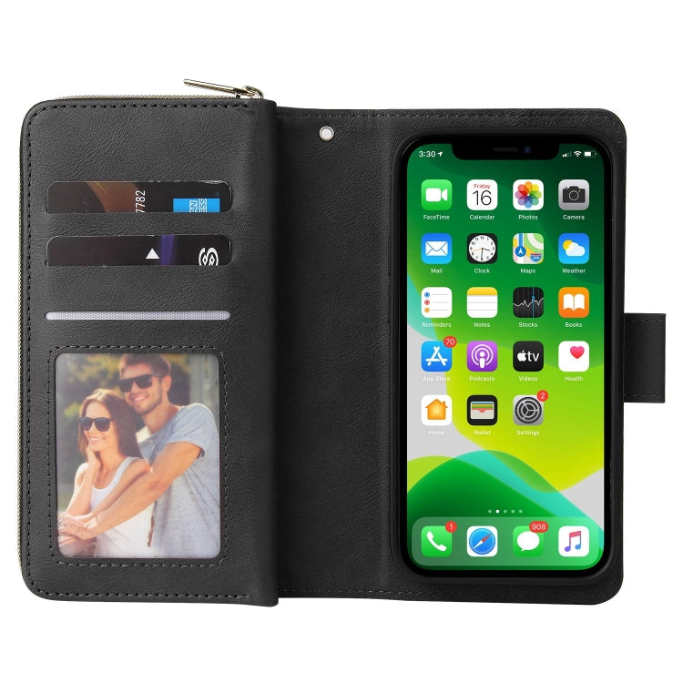 For iPhone 13 mini 9 Card Slots Zipper Wallet Bag Leather Phone Case (Black) - iPhone 13 mini Cases by buy2fix | Online Shopping UK | buy2fix