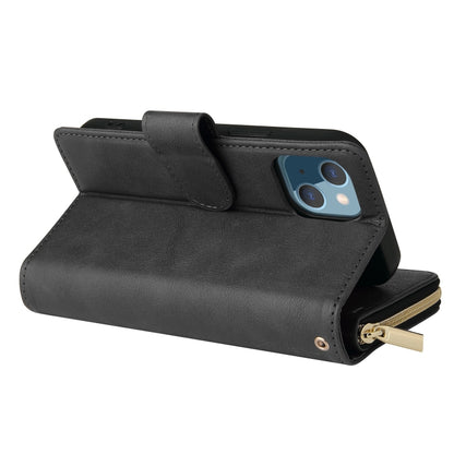 For iPhone 13 mini 9 Card Slots Zipper Wallet Bag Leather Phone Case (Black) - iPhone 13 mini Cases by buy2fix | Online Shopping UK | buy2fix