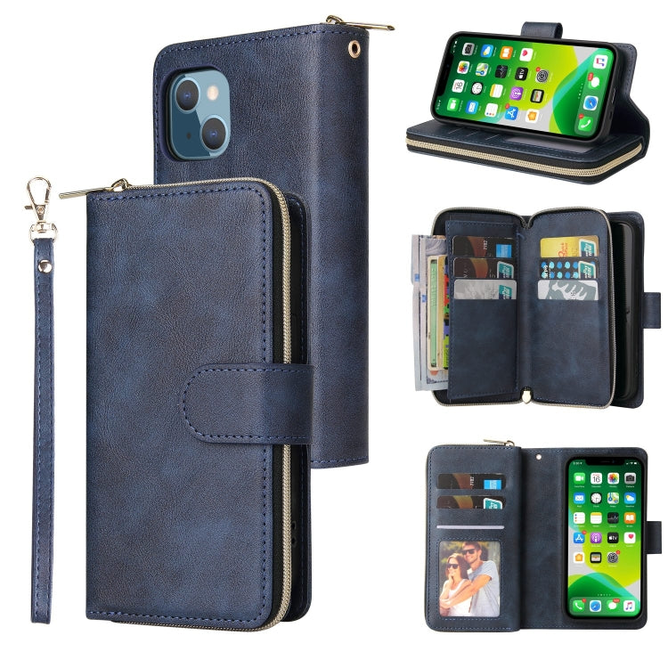 For iPhone 13 mini 9 Card Slots Zipper Wallet Bag Leather Phone Case (Blue) - iPhone 13 mini Cases by buy2fix | Online Shopping UK | buy2fix