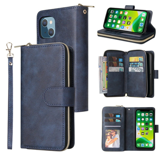 For iPhone 13 mini 9 Card Slots Zipper Wallet Bag Leather Phone Case (Blue) - iPhone 13 mini Cases by buy2fix | Online Shopping UK | buy2fix