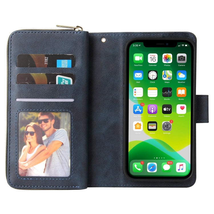 For iPhone 13 mini 9 Card Slots Zipper Wallet Bag Leather Phone Case (Blue) - iPhone 13 mini Cases by buy2fix | Online Shopping UK | buy2fix