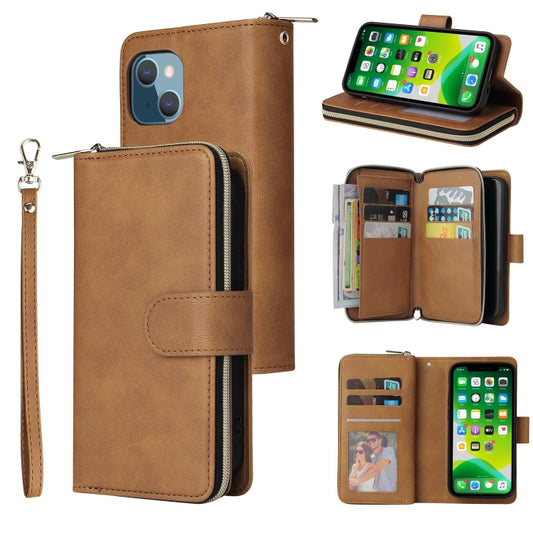 For iPhone 13 mini 9 Card Slots Zipper Wallet Bag Leather Phone Case (Brown) - iPhone 13 mini Cases by buy2fix | Online Shopping UK | buy2fix