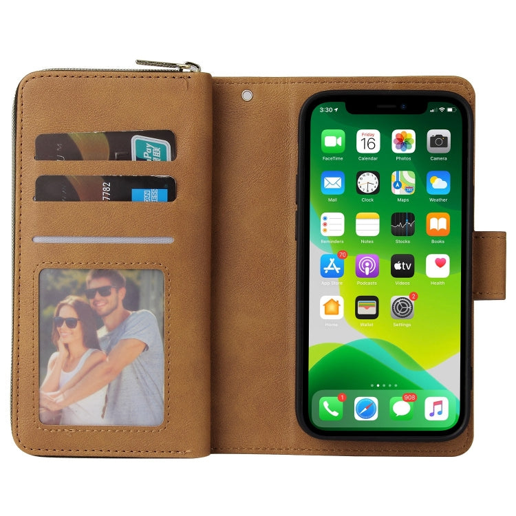 For iPhone 13 mini 9 Card Slots Zipper Wallet Bag Leather Phone Case (Brown) - iPhone 13 mini Cases by buy2fix | Online Shopping UK | buy2fix