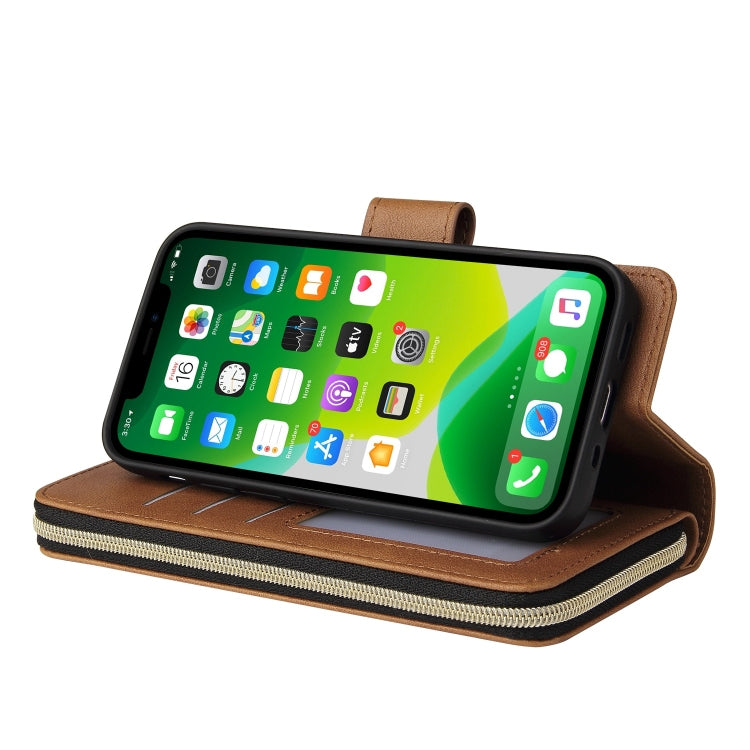 For iPhone 13 mini 9 Card Slots Zipper Wallet Bag Leather Phone Case (Brown) - iPhone 13 mini Cases by buy2fix | Online Shopping UK | buy2fix