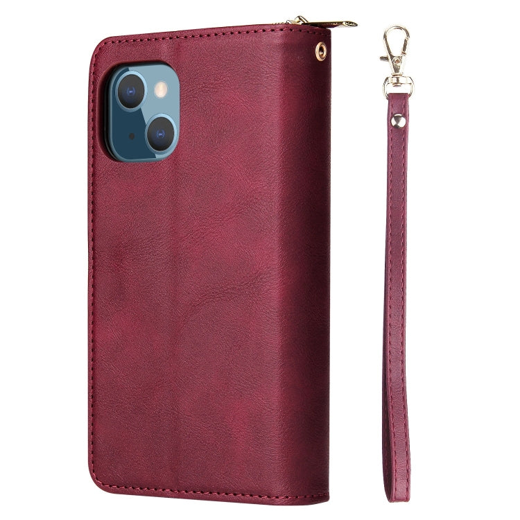 For iPhone 13 mini 9 Card Slots Zipper Wallet Bag Leather Phone Case (Wine Red) - iPhone 13 mini Cases by buy2fix | Online Shopping UK | buy2fix