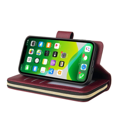 For iPhone 13 mini 9 Card Slots Zipper Wallet Bag Leather Phone Case (Wine Red) - iPhone 13 mini Cases by buy2fix | Online Shopping UK | buy2fix