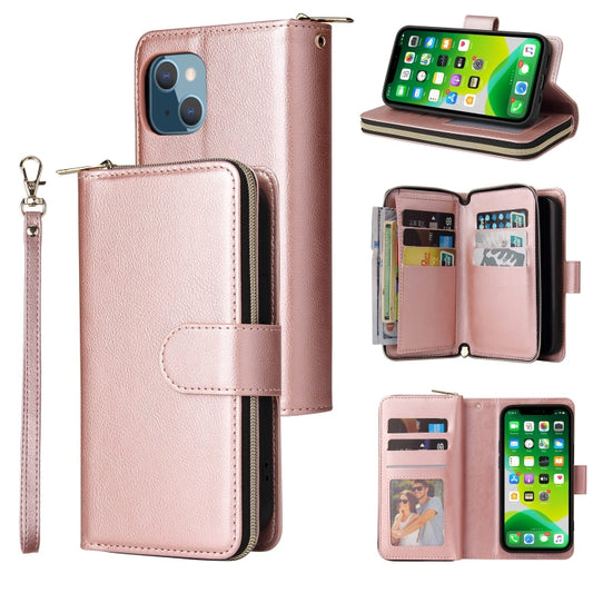 For iPhone 13 9 Card Slots Zipper Wallet Bag Leather Phone Case(Rose Gold) - iPhone 13 Cases by buy2fix | Online Shopping UK | buy2fix