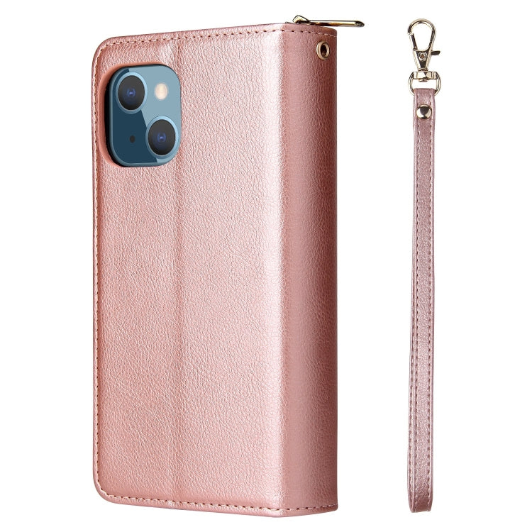 For iPhone 13 9 Card Slots Zipper Wallet Bag Leather Phone Case(Rose Gold) - iPhone 13 Cases by buy2fix | Online Shopping UK | buy2fix