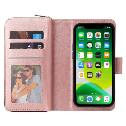 For iPhone 13 9 Card Slots Zipper Wallet Bag Leather Phone Case(Rose Gold) - iPhone 13 Cases by buy2fix | Online Shopping UK | buy2fix
