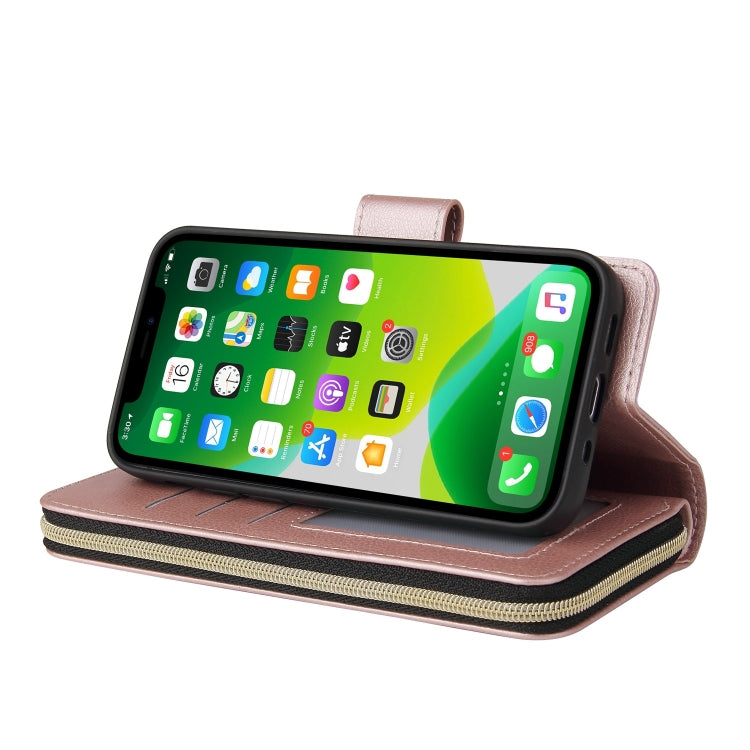 For iPhone 13 9 Card Slots Zipper Wallet Bag Leather Phone Case(Rose Gold) - iPhone 13 Cases by buy2fix | Online Shopping UK | buy2fix