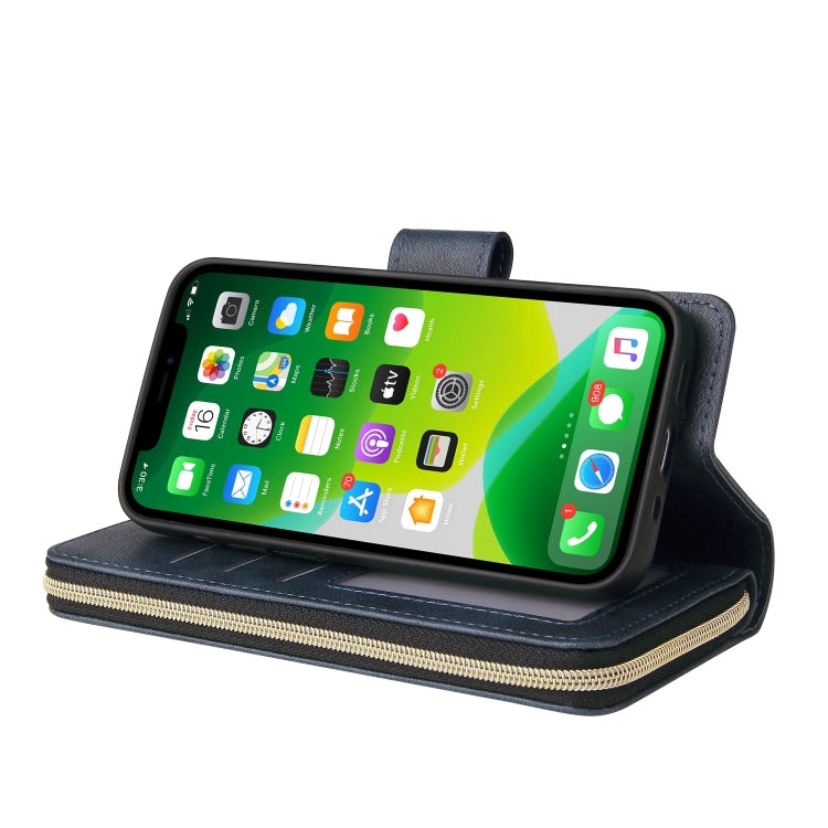 For iPhone 13 9 Card Slots Zipper Wallet Bag Leather Phone Case(Blue) - iPhone 13 Cases by buy2fix | Online Shopping UK | buy2fix