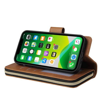For iPhone 13 9 Card Slots Zipper Wallet Bag Leather Phone Case(Brown) - iPhone 13 Cases by buy2fix | Online Shopping UK | buy2fix
