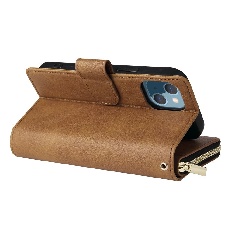 For iPhone 13 9 Card Slots Zipper Wallet Bag Leather Phone Case(Brown) - iPhone 13 Cases by buy2fix | Online Shopping UK | buy2fix