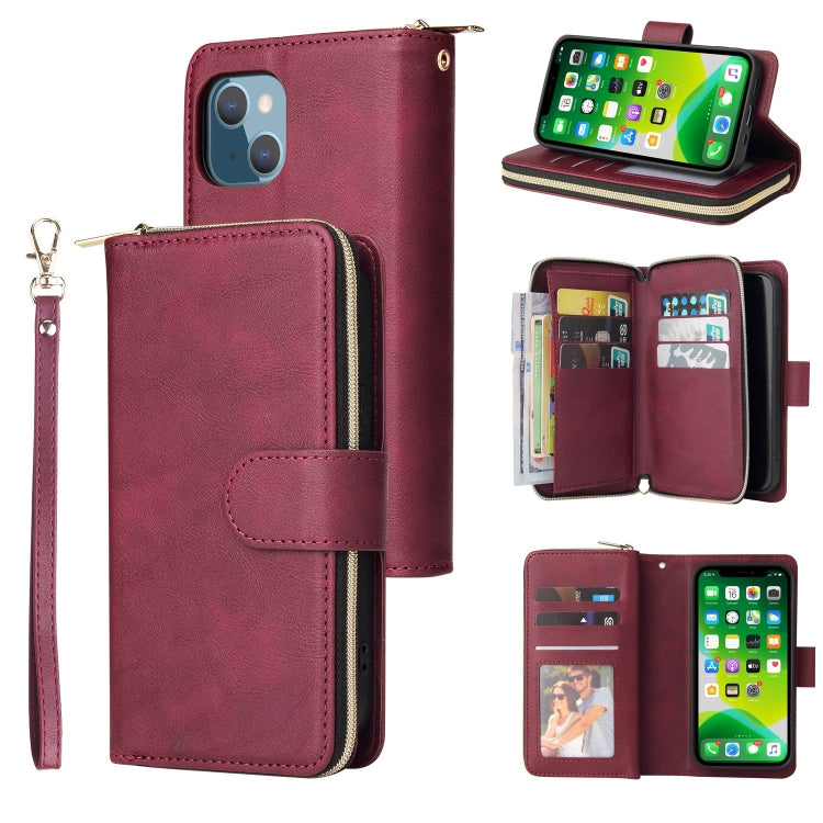 For iPhone 13 9 Card Slots Zipper Wallet Bag Leather Phone Case(Wine Red) - iPhone 13 Cases by buy2fix | Online Shopping UK | buy2fix
