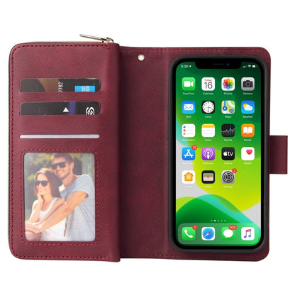 For iPhone 13 9 Card Slots Zipper Wallet Bag Leather Phone Case(Wine Red) - iPhone 13 Cases by buy2fix | Online Shopping UK | buy2fix