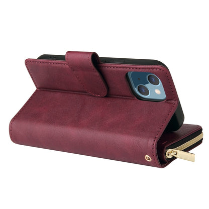 For iPhone 13 9 Card Slots Zipper Wallet Bag Leather Phone Case(Wine Red) - iPhone 13 Cases by buy2fix | Online Shopping UK | buy2fix