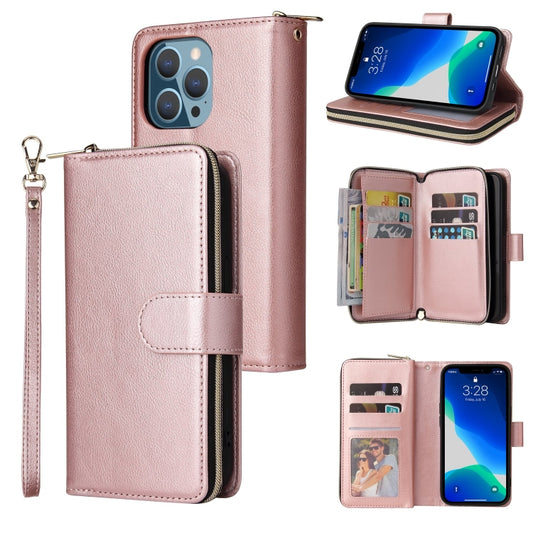 For iPhone 13 Pro 9 Card Slots Zipper Wallet Bag Leather Phone Case (Rose Gold) - iPhone 13 Pro Cases by buy2fix | Online Shopping UK | buy2fix