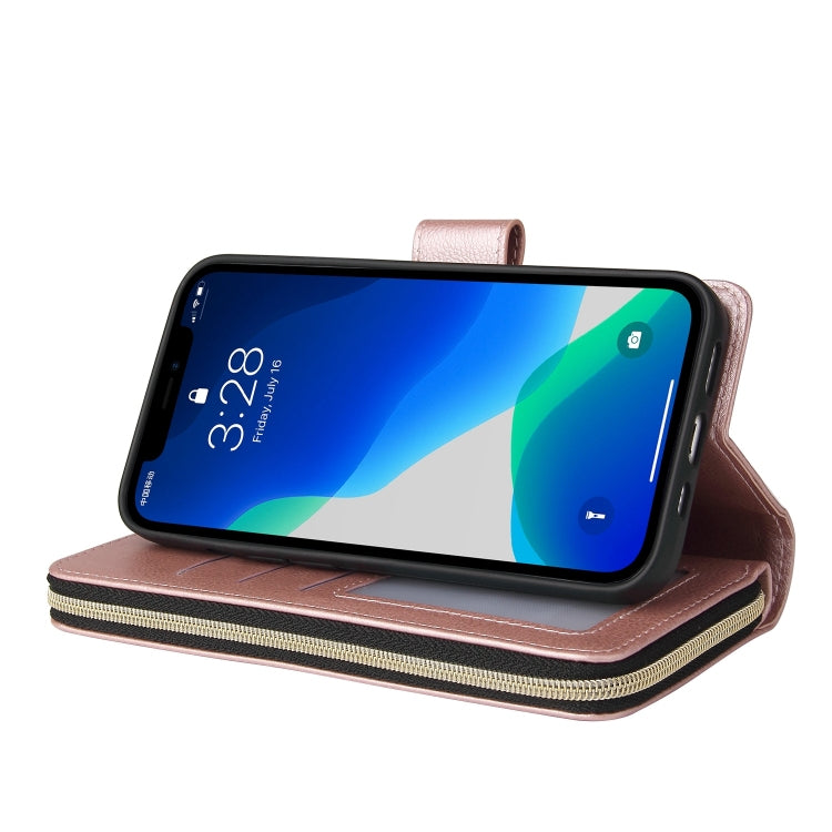 For iPhone 13 Pro 9 Card Slots Zipper Wallet Bag Leather Phone Case (Rose Gold) - iPhone 13 Pro Cases by buy2fix | Online Shopping UK | buy2fix