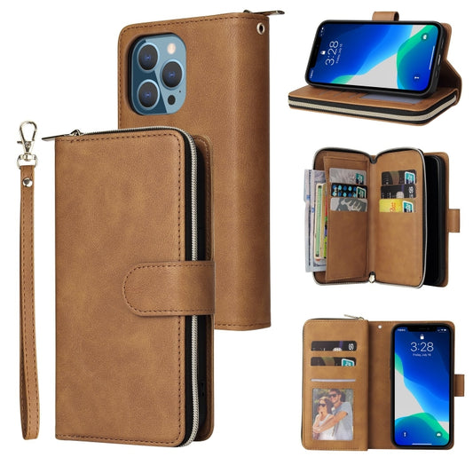 For iPhone 13 Pro 9 Card Slots Zipper Wallet Bag Leather Phone Case (Brown) - iPhone 13 Pro Cases by buy2fix | Online Shopping UK | buy2fix