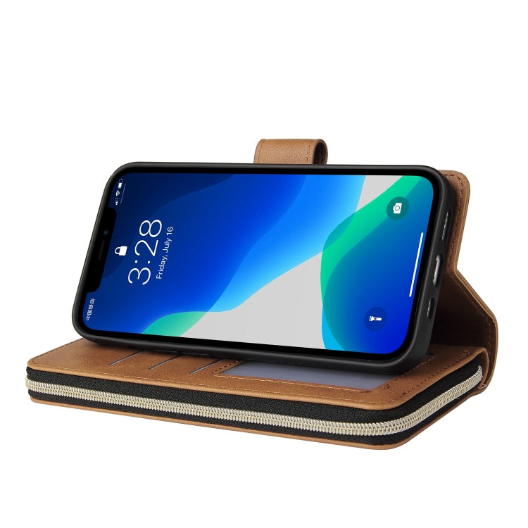 For iPhone 13 Pro 9 Card Slots Zipper Wallet Bag Leather Phone Case (Brown) - iPhone 13 Pro Cases by buy2fix | Online Shopping UK | buy2fix