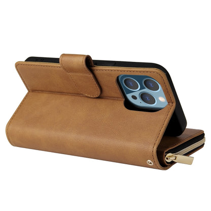 For iPhone 13 Pro 9 Card Slots Zipper Wallet Bag Leather Phone Case (Brown) - iPhone 13 Pro Cases by buy2fix | Online Shopping UK | buy2fix