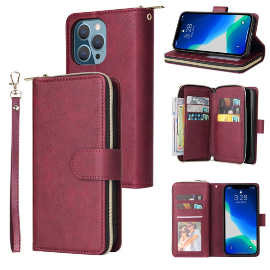 For iPhone 13 Pro 9 Card Slots Zipper Wallet Bag Leather Phone Case (Wine Red) - iPhone 13 Pro Cases by buy2fix | Online Shopping UK | buy2fix